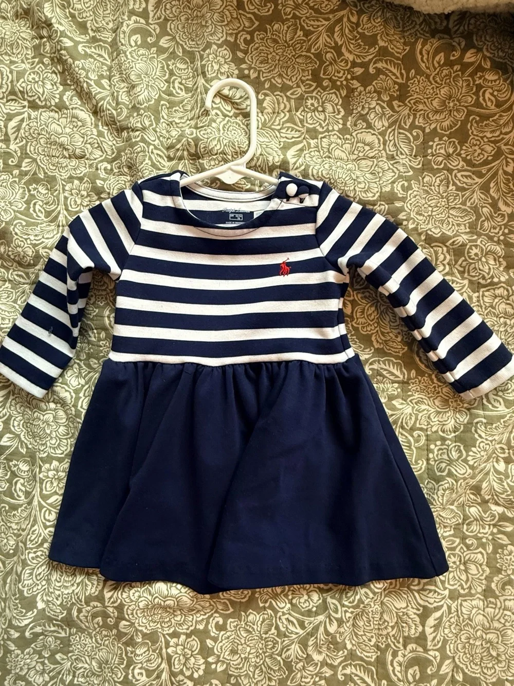 Ralph Lauren Navy & White Striped Long-Sleeve Dress with Red Polo Logo